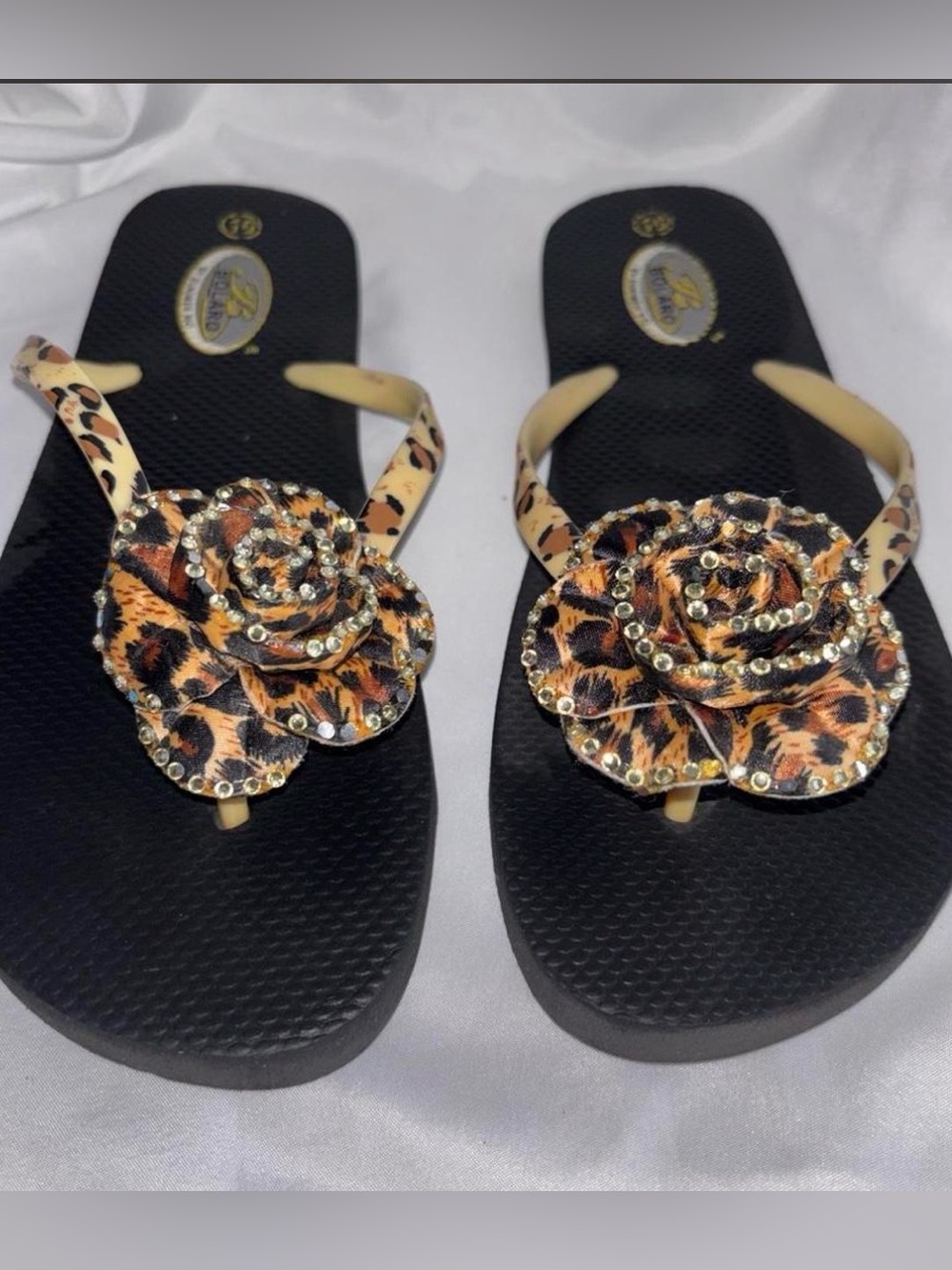 Bolaro by Summer Rio Leopard Print Rhinestone Flower Flip Flops - Size 10